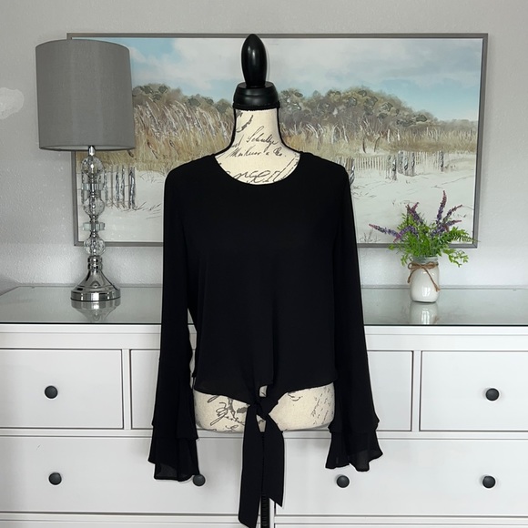 Self 💚 Esteem Bell Sleeve Mid-Crop Pullover Sheer Tie Front Blouse in Jet-black - Picture 2 of 8